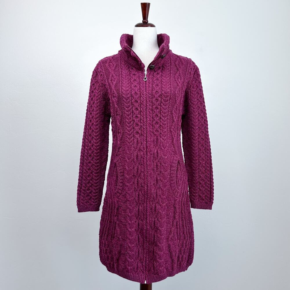 Original Aran Co. 100% Merino Wool Irish Cable Knit Zip-Up Longline Cardigan NWT